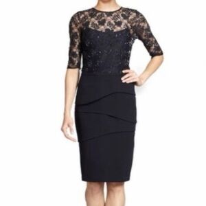 Rickie Freeman for Teri Jon Sequin Lace Sheath Dress Size 18 Navy Blue